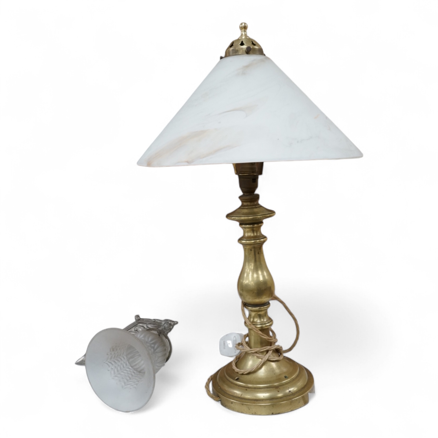 A brass table lamp and a chrome Art Deco style wall light, both with glass shades, lamp 58cm high
